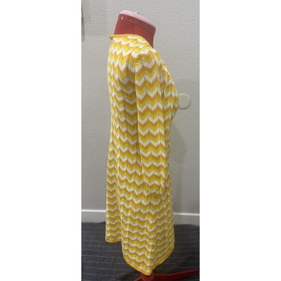 Alice Olivia Yellow Mini Pullover Puff Sleeve Knit Dress Chevron Pattern - Picture 2 of 10